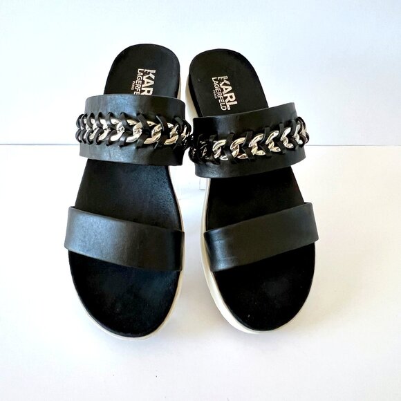 Karl Lagerfeld Paris Slip On Black Leather Sandals, Meslay, Size 8, EUC! - Picture 5 of 14